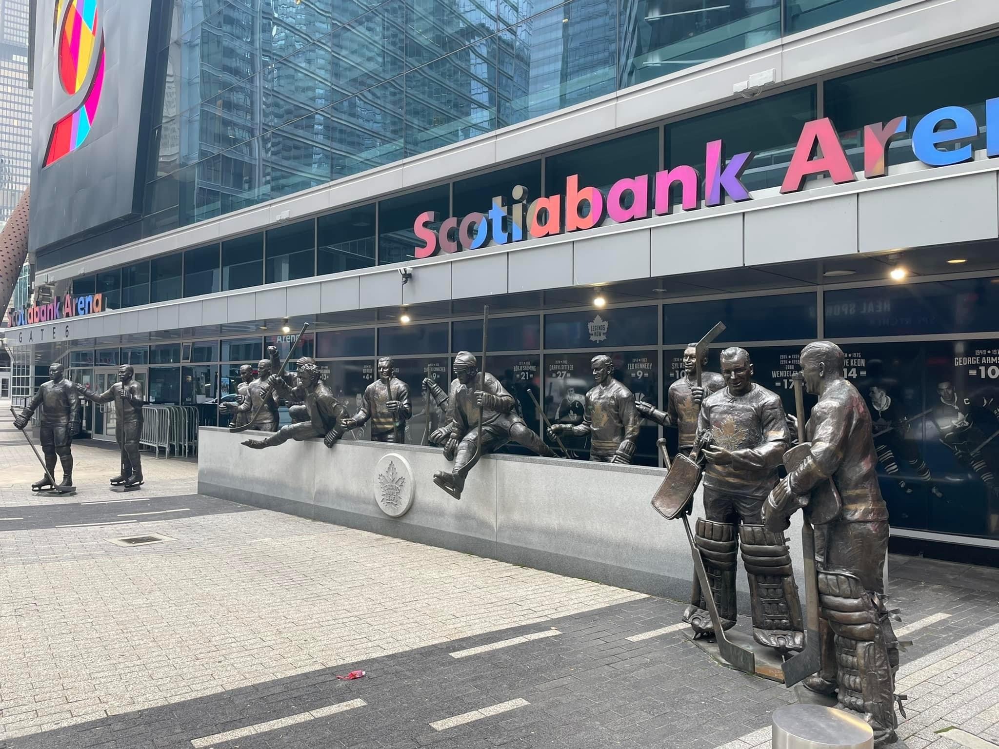 Legends Row statues outside the main entrance to Scotiabank Arena in Toronto.