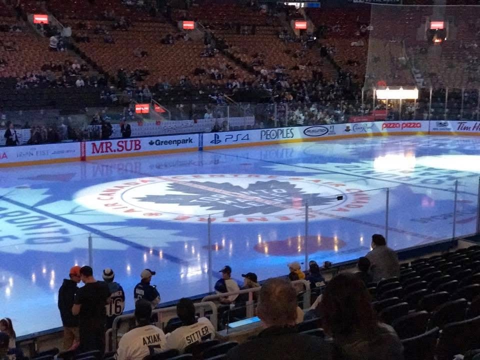 A lower-bowl view across the ice at Scotiabank Arena during the pregame presentation.